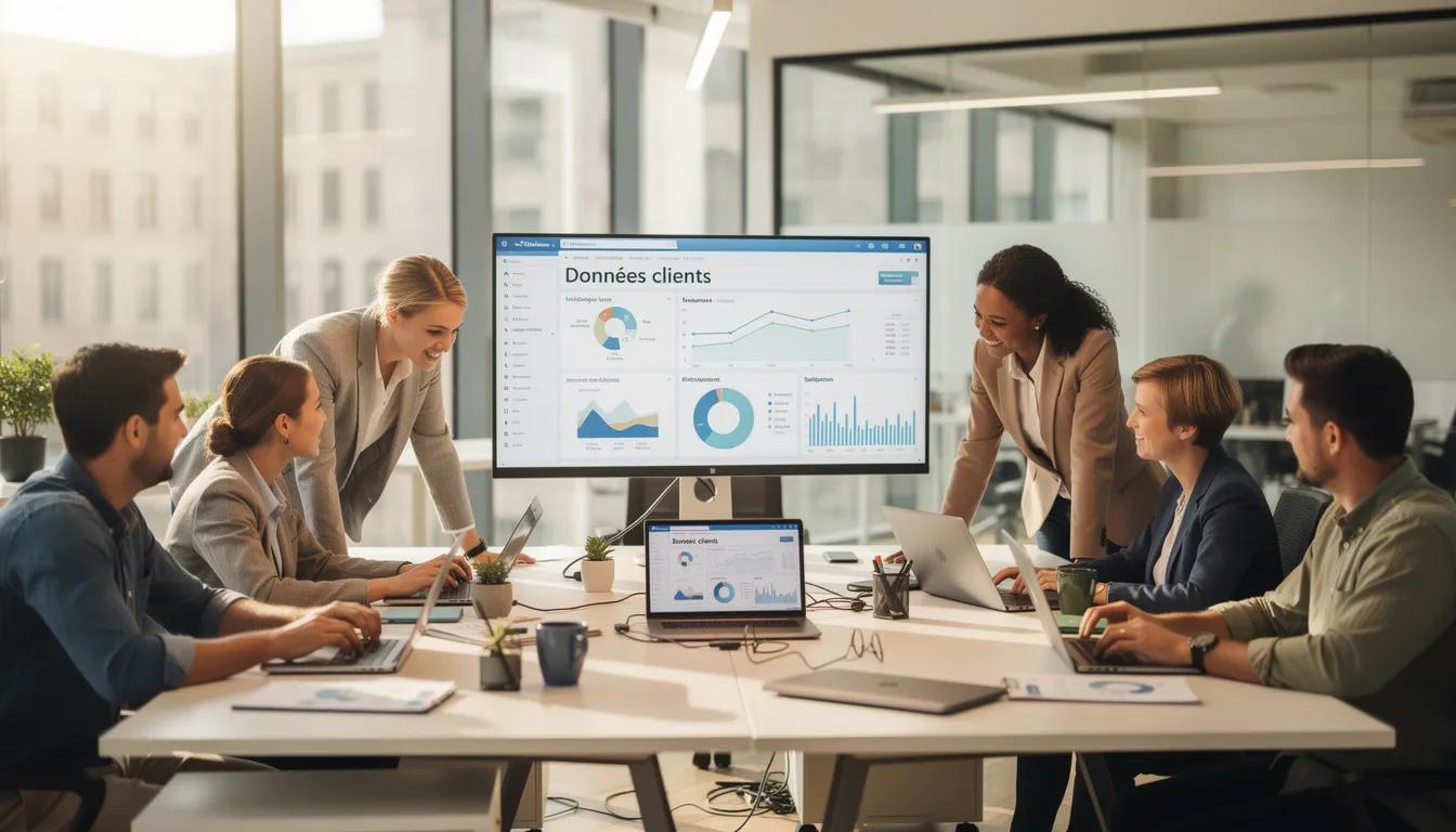 Une équipe de professionnels collabore autour de plusieurs écrans affichant des données clients, illustrant l'importance de l'expérience client digitale dans la mise en place de stratégies marketing efficaces. Ces échanges mettent en lumière les interactions entre les consommateurs et les outils numériques pour optimiser le parcours client.