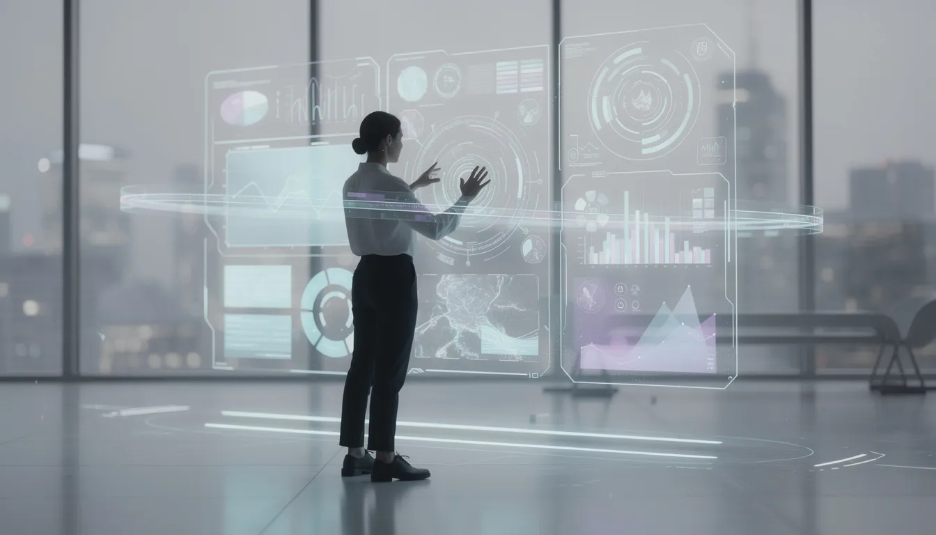 Une personne interagit avec une interface digitale avancée, illustrant une expérience utilisateur futuriste. Cette scène met en avant l'importance des outils numériques dans la stratégie marketing des marques pour répondre aux attentes des consommateurs.