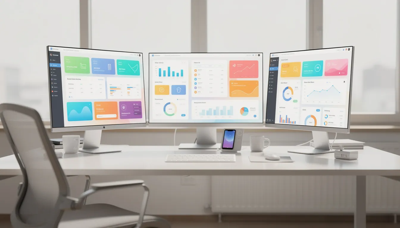 Un bureau moderne est présenté avec plusieurs écrans affichant des interfaces web épurées et colorées, mettant en avant l'identité visuelle et l'image de marque d'une entreprise. Ces écrans illustrent des éléments de design et de stratégie de branding digital, créant une expérience utilisateur immersive et dynamique.