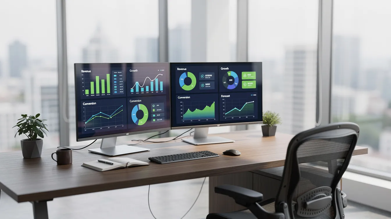 L'image montre un espace de travail moderne avec des bureaux équipés d'écrans d'ordinateur affichant des analyses commerciales et des données de performance. Cet environnement est idéal pour les équipes de vente et de marketing, favorisant la génération de leads et l'optimisation des processus B2B.